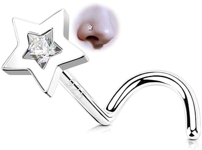 OUFER 20G Corkscrew Nose Stud Sterling Silver 925 Flower/Butterfly/Heart/Star Nostril Ring S-Shaped 7 mm Nose Screw Clear CZ for Women Cute Body Piercing Jewellery