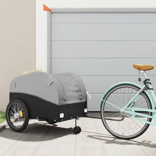 QUAHEAS Rimorchio per bicicletta nero e grigio in ferro, portata 45 kg, 133 x 68 x 68 cm, con timone e bandiera di sicurezza, pieghevole per il trasporto di bagagli, shopping, bambini e cani, attività