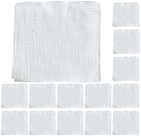 jojofuny 16pcs White Cotton Muslin Diaper Flats for Newborns, Double Layer, Reusable and Absorbent Washcloths, Machine Washable Burping Cloths for Care