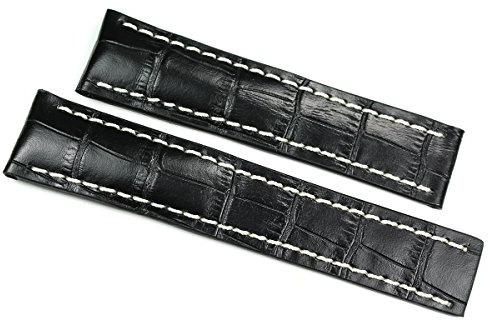 Rio S1931 22 mm/20 mm echtes Leder Herren-Uhrenarmband für Faltschließe, passend für Breitling Germany, handgefertigt, Krokodilprägung, schwarzes Krokodil-geprägtes Leder, Alligator-Uhrenarmband,