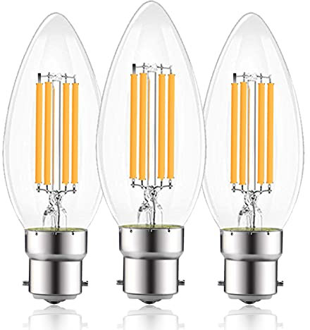 EXTRASTAR 6W C35 B22 LED Filament Candle Light Bulbs, Bayonet Cap Candle Bulb, 57W Equivalent, 2700K Warm White Energy Saving Bulbs, 750LM, Non-Dimmable, Pack of 3