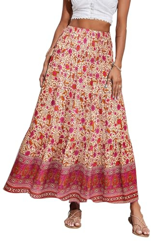 CFLONGE Sommarkjol för kvinnor 2026 Fashion Boho lång kjol Trendy blommig hög midja A-linje strandkjol Semesteroutfit, L