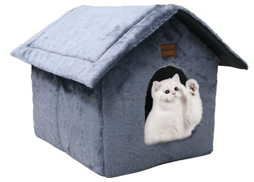 Whiwhi Plüsch Katzenhaus Katzenhöhlenbett mit Flauschiges Katzenkissen Tragbare Katzenhütte mit Rutschfestem Boden Warmes Und Gemütliches Haustierhütte 40x35x40cm Marineblau