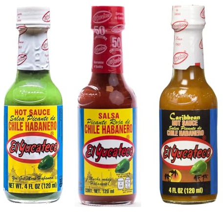 OsoRetail pack A x3 de salsas picanetes de El Yucateco de México | Salsa Caribeña, Salsa Roja y Salsa Verde | 3x120ml | Clásicos