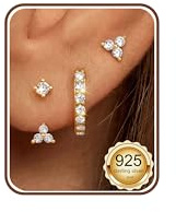 JeweBella 3 Paar Ohrringe Silber 925 Set für Damen 14 Karat Vergoldet Kleine Ohrstecker Stapelbar Zirkonia Creolen für Mehrere Piercings