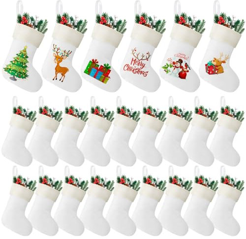 Zhanmai 24 Pcs Christmas Burlap Stocking Sublimation Natural Jute Christmas Stockings for Xmas Fireplace Hanging Farmhouse Decor Tree Ornaments Holiday DIY Craft Decoration, 4'' x 6.7'' (White)