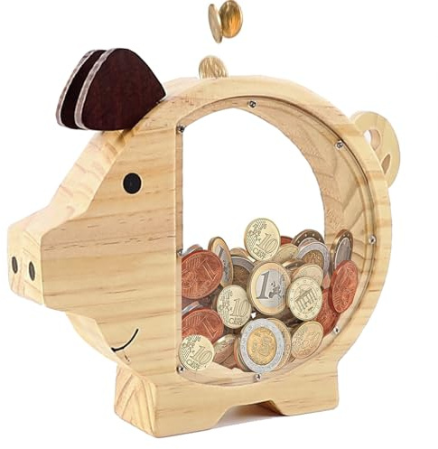 RoxNvm Hucha Infantil de Madera, Cerdito Personalizable con Transparente, Hucha Desmontable para Niños