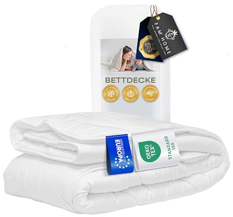 FAM Home Bettdecke 155x220 cm, Ganzjahresdecke, Antiallergisch, Waschbar | 350g/m² Ganzjahresdecke 155x220 cm. Weich, gesteppt, antiallergisch & bis 95°C waschbar. Ideal für Allergiker geeignet.