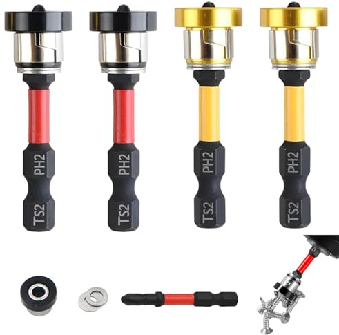 JHEELITE Embout Visseuse Placo, PH2 Magnétique, Bague Positionnement 4PCS | Acier S2 Résistant, Queue Hexagonale 1/4, Butée Profondeur, Pour Plaquistes et Artisans, Pose Cloisons Sèches 50mm