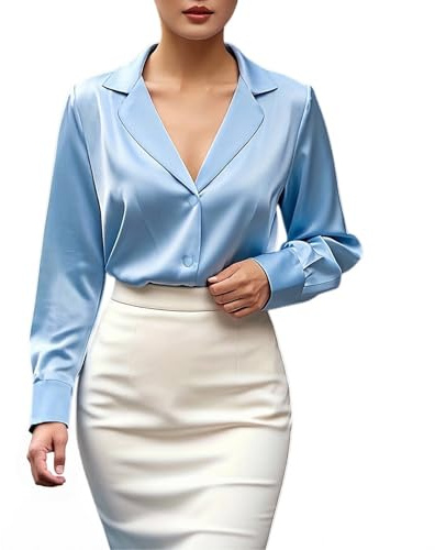 Blusas de satén para mujer, blusas sedosas de manga larga con botones, camisas elegantes, blusas casuales para el trabajo, camisetas sin arrugas 2026
