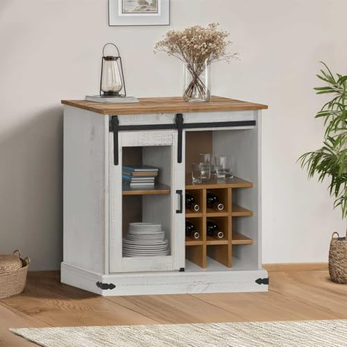 Mokuyary Credenza con porta scorrevole, bianco, 80 x 40 x 80 cm, in legno massello con scaffale, armadietto da cucina, per soggiorno, corridoio, cucina