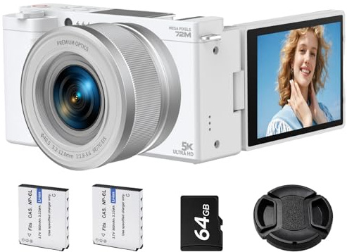 CAMWORLD 5K Digital Camera for Photography, 72MP Autofocus Vlogging Camera with 6X Optical Zoom, 2.8 180° Flip Screen Video Camera for YouTube with Anti-Shake, 64GB SD Card, 2 Batteries