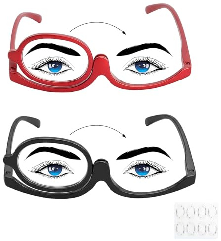 YPLANGENT Gafas Maquillaje 2 Piezas Gafas para Maquillarse los Ojos con Graduación -2,50 Gafas Maquillaje de Lente Única Giratoria Negro y Rojo con Pegatinas para Delineado y Sombra de Ojos