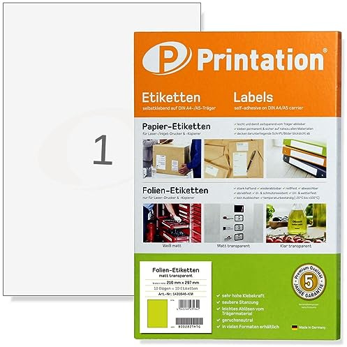 Printation 210 x 297 mm Etiketten selbstklebend A4 wasserfest - 10 Folienetiketten transparent matt auf DIN A4 210x297 1x1 1 Etikett pro Seite - bedruckbare Klebefolie nur mit Laser Drucker bedruckbar