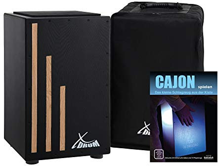 XDrum Cajon Primero Negra - Kistentrommel inkl. Rucksacktasche und Schule - Trommelkiste mit Snare Sound - Holz Drum Kiste mit Gigbag