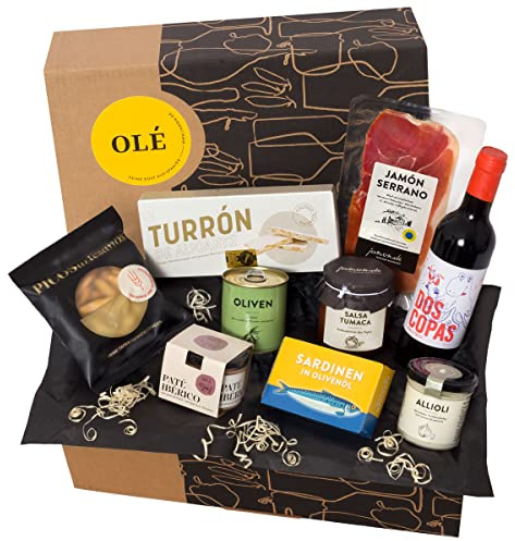 jamon.de Geschenkbox Olé mit Serrano Schinken, Tapas und Rotwein | Gefüllt mit spanischen Delikatessen, Geschenk für Freunde, Mitarbeiter und Geschäftspartner, passend zu vielen Anlässen