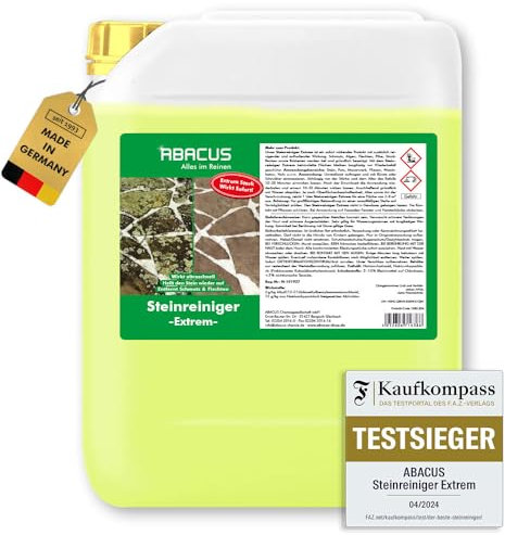 ABACUS® Steinreiniger Extrem, intensiver Steinreiniger für außen mit Sofortwirkung, entfernt sofort Schmutz, Grünbelag, Flechten & Algen in Minuten, Steinreiniger Intensiv außen 5 Liter