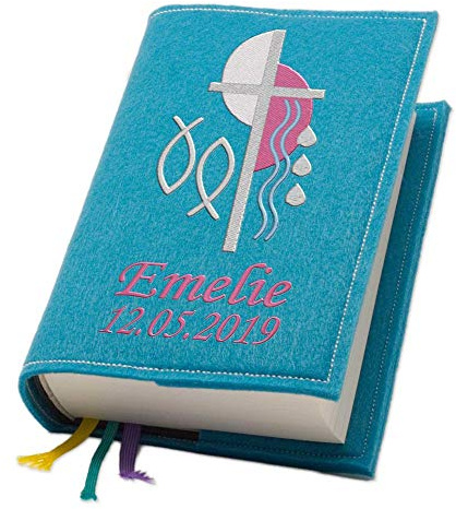 Evangelische Gesangbuchhülle Gesangbuch Kreuz 2 pink Filz mit Namen bestickt mittlere Ausgabe, Farbe:türkis