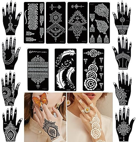 XMASIR 15 Blatt Tattoo Henna Schablonen Kit, Schwarz Temporäre Tattoo Schablonen Indischer Airbrush Tattoos Aufkleber für Hand Arm Körperbemalung