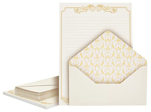 Vintage Briefpapier mit Umschlägen (Set, 60 Blatt, 30 Umschläge) - Liniert, Mit Goldfolien-Bordüre