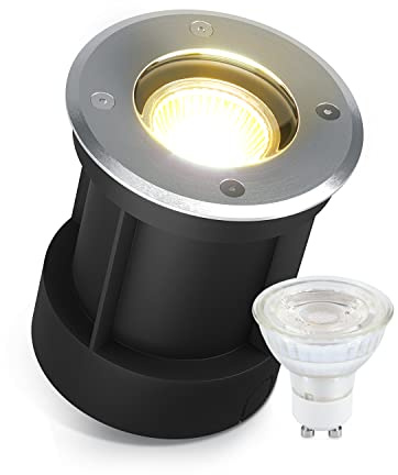 lambado® LED Bodeneinbaustrahler für Aussen IP67 - Wasserdicht & Befahrbar inkl. 5W GU10 Strahler warmweiss dimmbar - Runder Bodenstrahler/Bodenleuchte aus Edelstahl für Terrasse & Garten