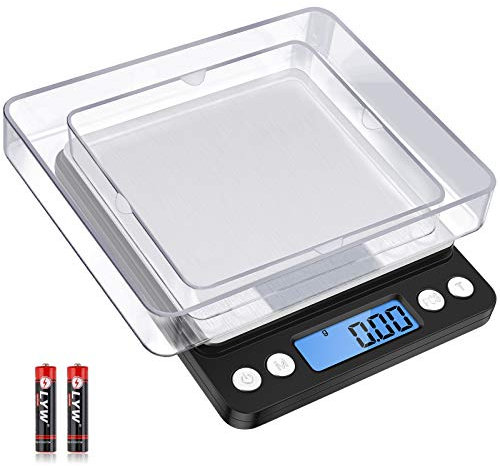 Diyife Feinwaage 500g/0,01g, Briefwaage, Taschenwaage, Hohe Präzision, LCD-Display mit Hintergrundbeleuchtung, Küchenwaage mit Tara-Funktion & PCS, mit 2 Tablett & Batterien - Schwarz