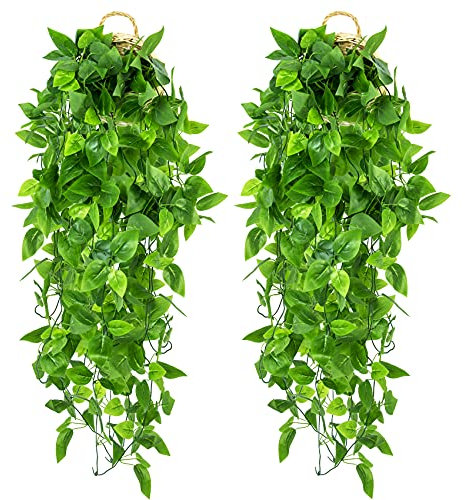 2 Stück Efeu Künstlich Hängepflanzen Kunstpflanze Hängend Künstliche Pflanzen Fake Efeu Grünpflanze Plastikpflanzen für Wand Balkon Garten Hochzeit Drinnen Draußen Deko 3.6Ft