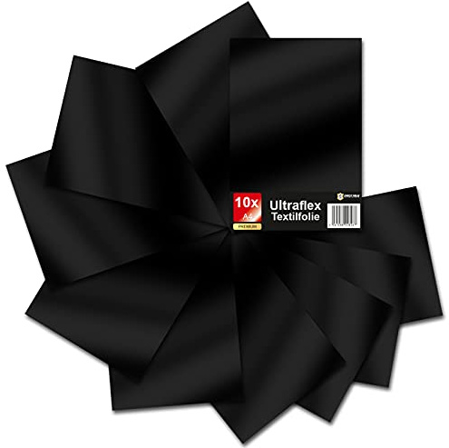 Finest Folia Ultraflex S Textilfolie für Plotter 61 Farben Din A4 Bogen 30x20cm Plotterfolie matt auf Stoffe Kleidung T-Shirt Folie Flexfolie DIY Zubehör (01 Schwarz, 10er Set)
