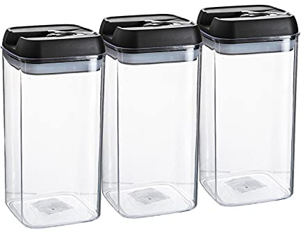 Argon Table Food Storage Containers with Airtight Flip Lock Lids - 1200ml - Black - 3 Pack - Plastic Kitchen Storage Pantry Food Organiser for Cereal, Oats, Sugar, Coffee, Biscuits, Tea