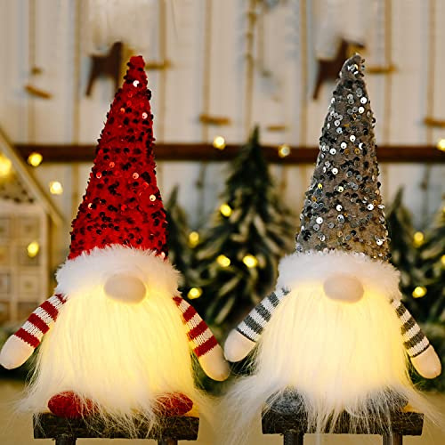 DWTECH 2 Pack Sequin Christmas Gnomes Plush with LED Lighting Beard, Handmade Swedish Tomte Santa Scandinavian Figurine Nordic Plush Elf Doll Gnome Ornaments Christmas Decorations Home Decor Gifts
