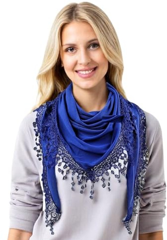 GFM® - Écharpe triangulaire pour femme, couleur unie, en jersey doux, avec dentelle et pompons, petite taille - idéale pour le printemps/été et toutes saisons-Bleu roi-(TRI-PLN-crtnl)