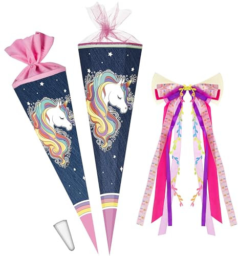 alles-meine.de GmbH Schultüte - Einhorn - Regenbogen Mähne 70-100 cm Größe wählbar + Kunstoff Spitze + Schleife - Tüllabschluß/Filzabschluß - eckig/rund - Mädchen - k..