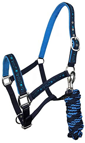 York Halfter Bella mit Führstrick Pferdehalfter mit Strick Halfterset (Pony, dunkelblau-blau)