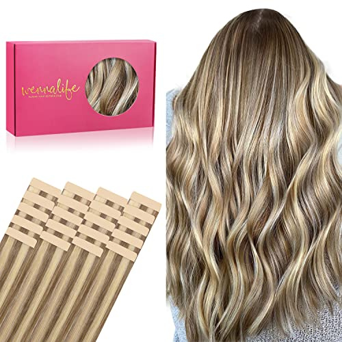 WENNALIFE, Extensiones de cabello humano con cinta adhesiva para mujer, invisibles, lacio, 20 unidades, 50 g, 46 cm, Castaño ceniza con reflejos rubio platino, Rallonge Cheveux Humain