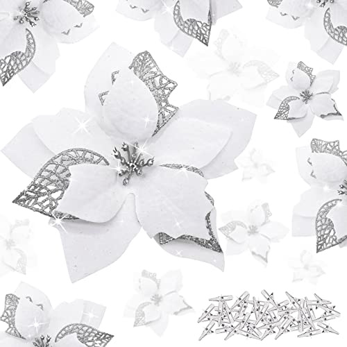 YSUVIN Weihnachtsblumen dekorieren, 40 Stück Christbaumschmuck Glitter Poinsettia, Künstliche Blumen Weihnachten mit 40 Stück Clips für Weihnachten Hochzeitsfeier Neujahr, Weiß(15cm & 12cm)