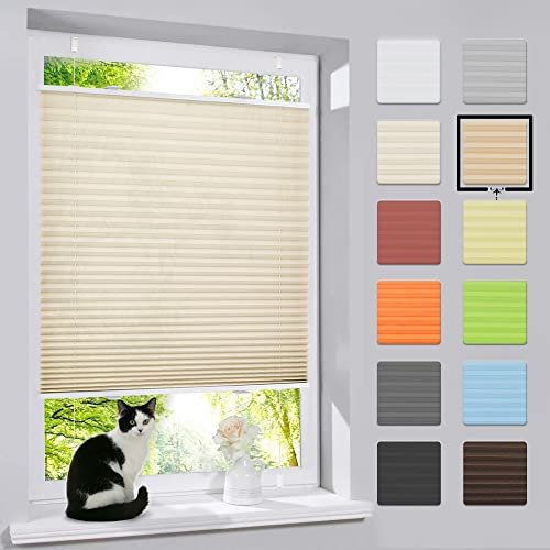bobodeco Plissee ohne Bohren Klemmfix Faltrollo Jalousie Creme 85x110cm (BxH), Plisseerollo Sichtschutz und Sonnenschutz Blickdicht Easyfix lichtdurchlässig Rollo für Fenster & Tür