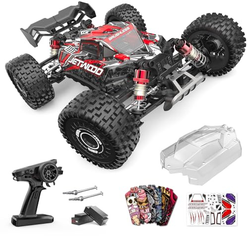 Jetwood 1:16 Fast RC Car, Brushless 42MPH Remote Control Car for Adults - High Speed 4WD RTR RC Truck with 2 LiPo Batteries & DIY Body, JC16EP Red