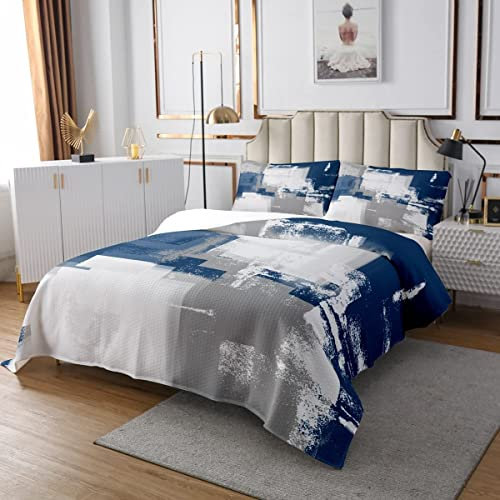Aquarell Navy Blau Tagesdecke 170x210 Graffiti Grau Weiß Gesteppt für Jungen Mädchenölgemälde Ombre Tagesdecke Leicht Zeitgenössische Kunst Tagesdecke Quilt-Set Home Raumdekor mit 1 Kissenbezug