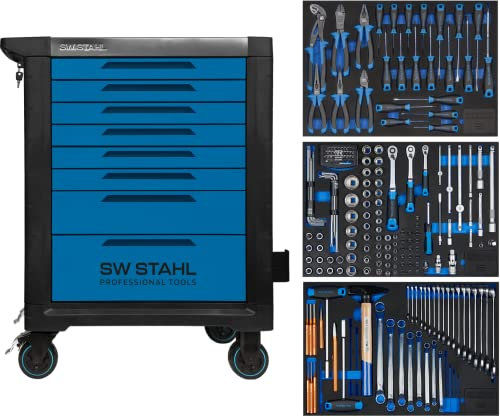 SW-Stahl Z3116 professionell verkstadsvagn TT801 blå I 8 lådor I 3 lådor fyllda I 213 delar I verkstad rullvagn utrustad med verktyg I Twin-Lock I verkstadsvagn kit I fullt utrustad