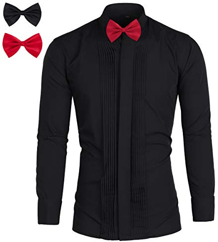 Sliktaa Herr Klassiska skjortor slim fit klänning plisserad middag kväll smoking bröllopsskjorta, svart, L