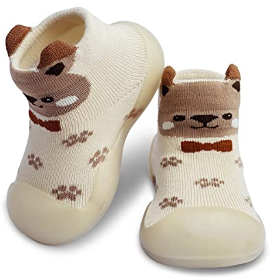 Dookeh Chaussures d’éveil pour bébé, chaussures d’apprentissage pour enfant, chaussons antidérapants pour fille et garçon, A2 marron., 18-24 mois