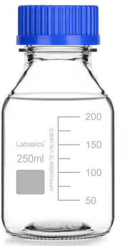 Labasics Runden Medien Aufbewahrungsflaschen mit GL45 Blauer Schraubverschluss, Glas Klar Weithals Graduiert Runde Laborglasflasche zur Aufbewahrung von Reagenzmedien, 250 ml
