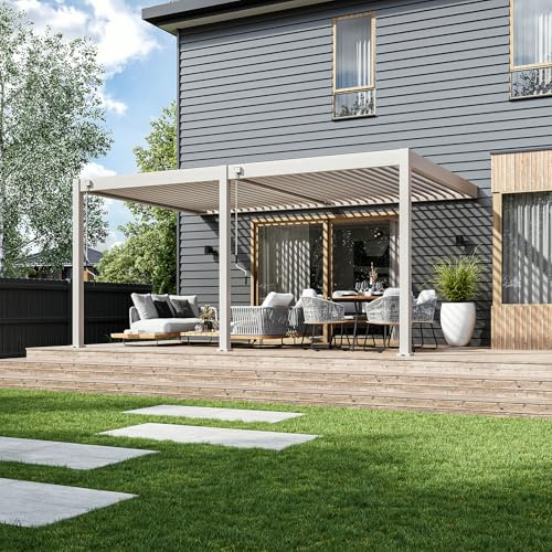 Weide Deluxe Plus Aluminium Pergola freistehend mit verstellbarem Lamellendach | Witterungsbeständiger Pavillon für Terrasse & Garten mit Handkurbel und integriertem Wasserablauf (weiß, 4 x 6)