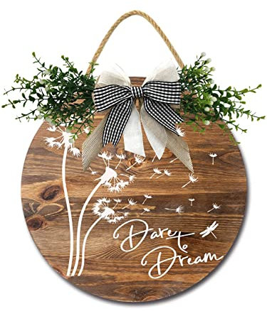 Dare To Dream Haustürschild, lustige Kränze zum Aufhängen, Holzschild, Dekoration, rund, rustikal, Holz, Bauernhaus, Veranda, Dekoration für Zuhause, Haustür, 27,9 x 27,9 cm