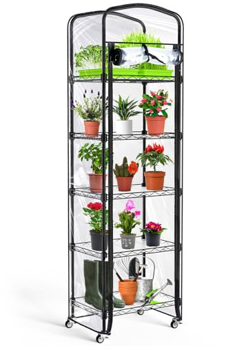 Abimars 5-stöckiges Mini-Gewächshaus mit Lenkrollen, Metall-Pflanzregal mit PVC-Abdeckung, Schwarz, 27,9 x 40,6 x 144,8 cm