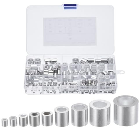 sourcing map Aluminum Crimping Wire Rope Stop Sleeve 9 Size 3/64'' 1/16'' 5/64'' 3/32'' 1/8'' 5/32'' 3/16'' 1/4'' 5/16 Round Ferrule for Wire Rope Cable, 220pcs