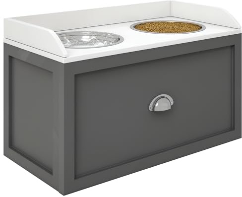 PawHut Erhöhter Hundenapf mit Ständer für große Hunde 36 cm Hoch Grau | Futternapf, Fressnapf mit Schublade, 2 Edelstahlnäpfen, Futterstation