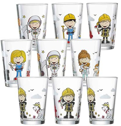 Ritzenhoff & Breker Kinderbecher mit Motiven, 9er Set, 205 ml, Spülmaschinengeeignete Kindergläser, Berufe Jungen & Mädchen/Feuerwehrmann Bernie, Bunte Berufs-Motive