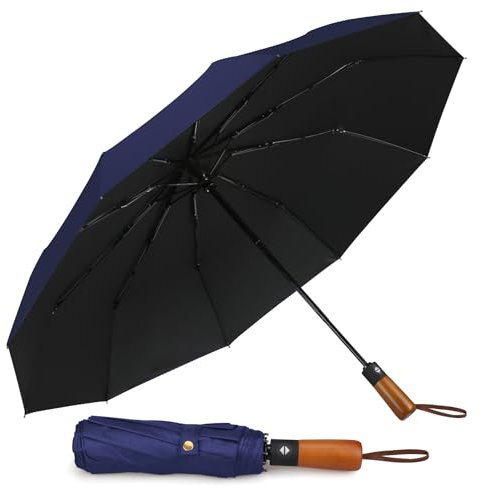 Folding Travel Umbrella Windproof Strong with Wood Handle - Automatic Brolly for Men and Women - 10 Ribs Fiberglass Strong umbrella for Rain & UV Sun Protect
