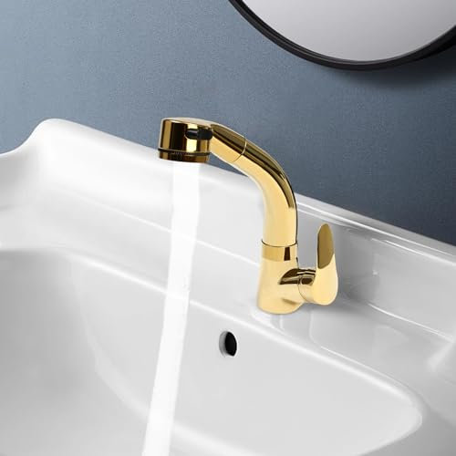 Acesunny Rubinetto per lavabo, con doccetta estraibile, per lavabo, in oro, per bagno e bagno, estraibile, con doccetta